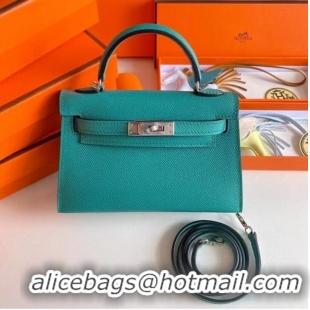 Crafted Hermes Kelly 19cm Shoulder Bags Epsom Leather KL19 Silver hardware Lake blue