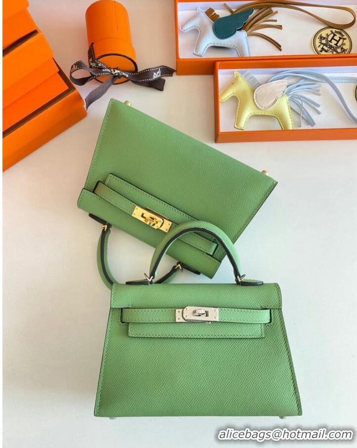 Famous Brand Hermes Kelly 19cm Shoulder Bags Epsom Leather KL19 Silver hardware Avocado Green