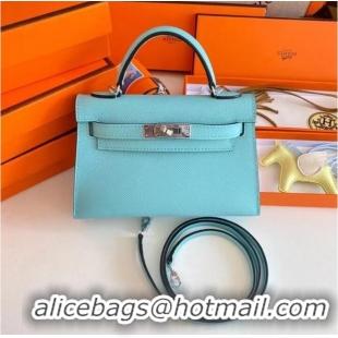 Good Quality Hermes Kelly 19cm Shoulder Bags Epsom Leather KL19 Silver hardware sky blue