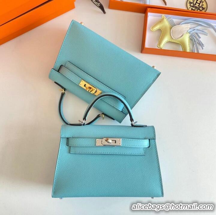 Good Quality Hermes Kelly 19cm Shoulder Bags Epsom Leather KL19 Silver hardware sky blue