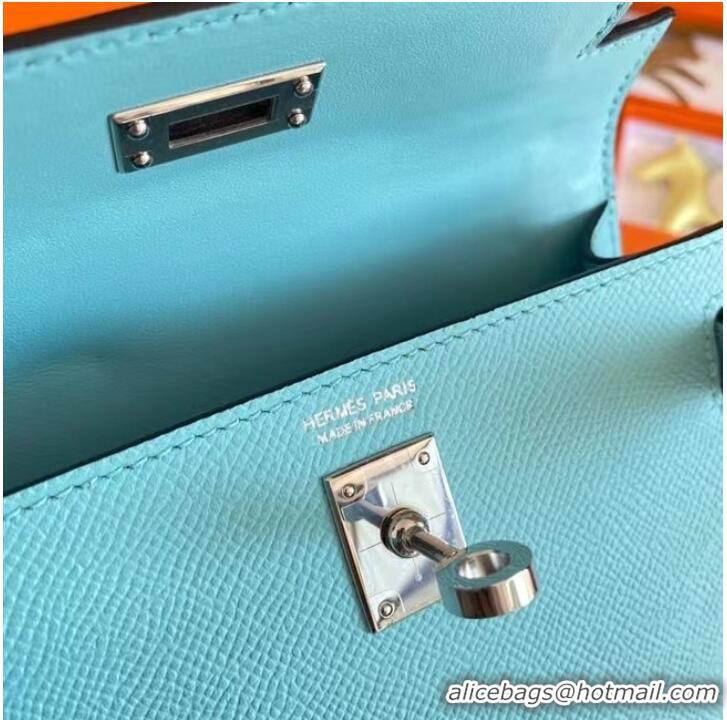 Good Quality Hermes Kelly 19cm Shoulder Bags Epsom Leather KL19 Silver hardware sky blue