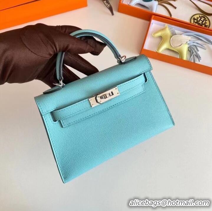 Good Quality Hermes Kelly 19cm Shoulder Bags Epsom Leather KL19 Silver hardware sky blue