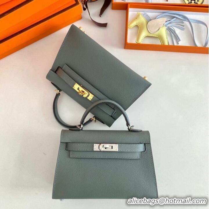 Classic Hermes Kelly 19cm Shoulder Bags Epsom Leather KL19 Silver hardware Almond green