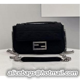 Luxury Cheap FENDI MIDI BAGUETTE CHAIN FF fabric bag 8BR793 black