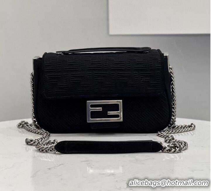 Luxury Cheap FENDI MIDI BAGUETTE CHAIN FF fabric bag 8BR793 black