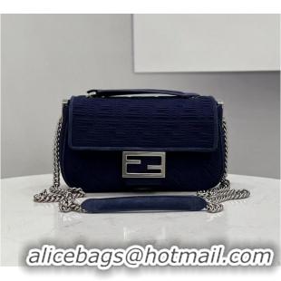 Inexpensive FENDI MIDI BAGUETTE CHAIN FF fabric bag 8BR793 dark blue