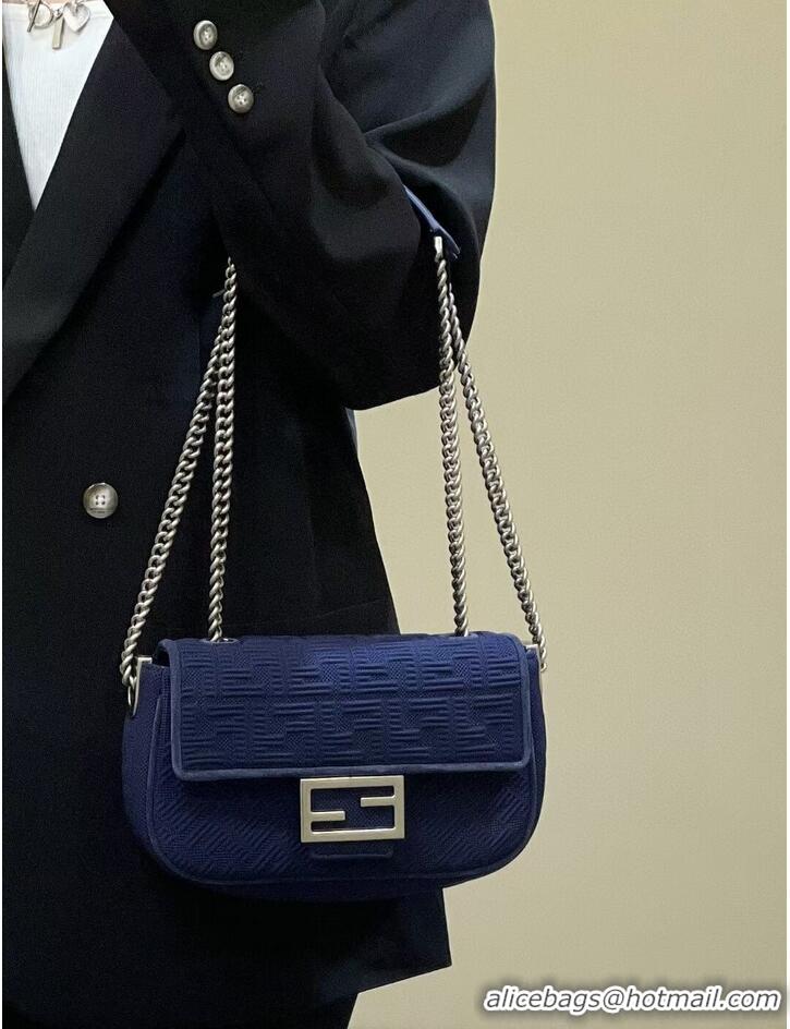 Inexpensive FENDI MIDI BAGUETTE CHAIN FF fabric bag 8BR793 dark blue