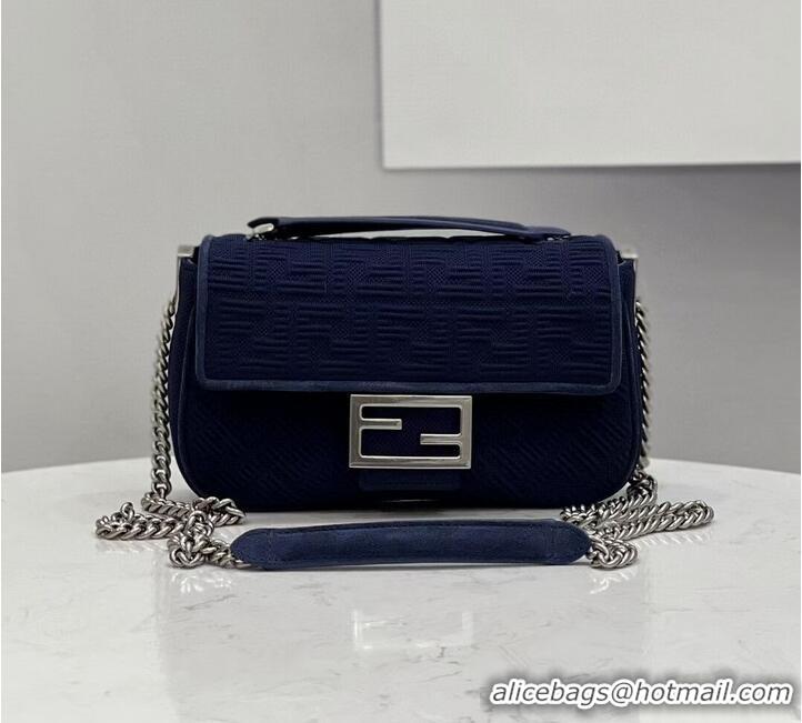 Inexpensive FENDI MIDI BAGUETTE CHAIN FF fabric bag 8BR793 dark blue