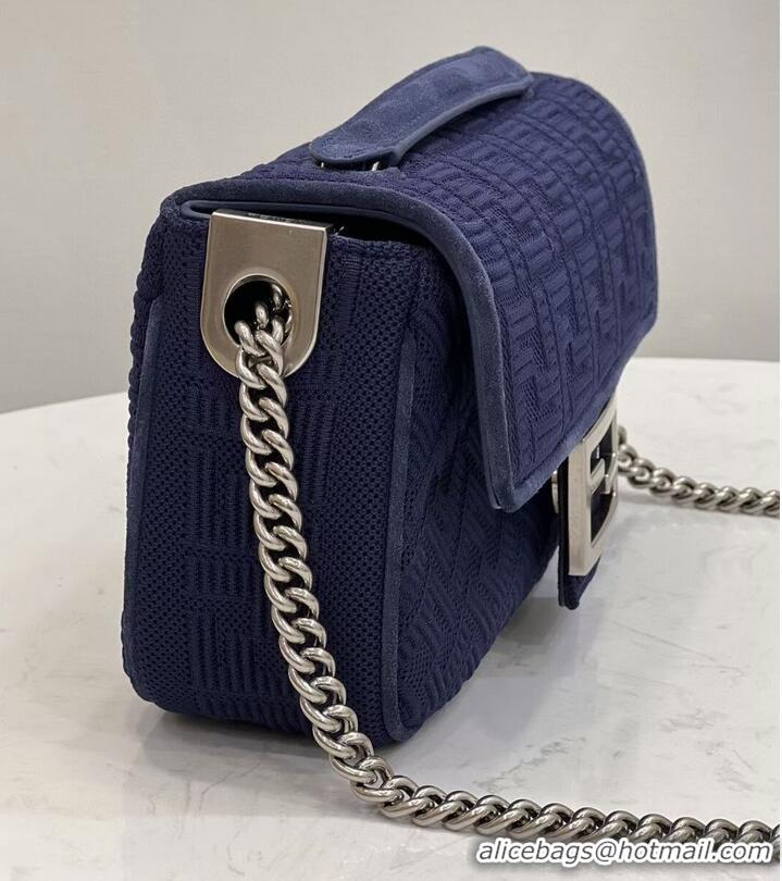 Inexpensive FENDI MIDI BAGUETTE CHAIN FF fabric bag 8BR793 dark blue