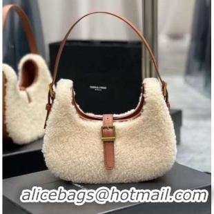 Good Product Yves Saint Laurent LE FERMOIR HOBO BAG IN MERINO SHEARLING 6726152 NATURAL BEIGE & BRICK