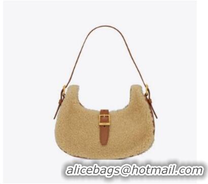 Good Product Yves Saint Laurent LE FERMOIR HOBO BAG IN MERINO SHEARLING 6726152 NATURAL BEIGE & BRICK