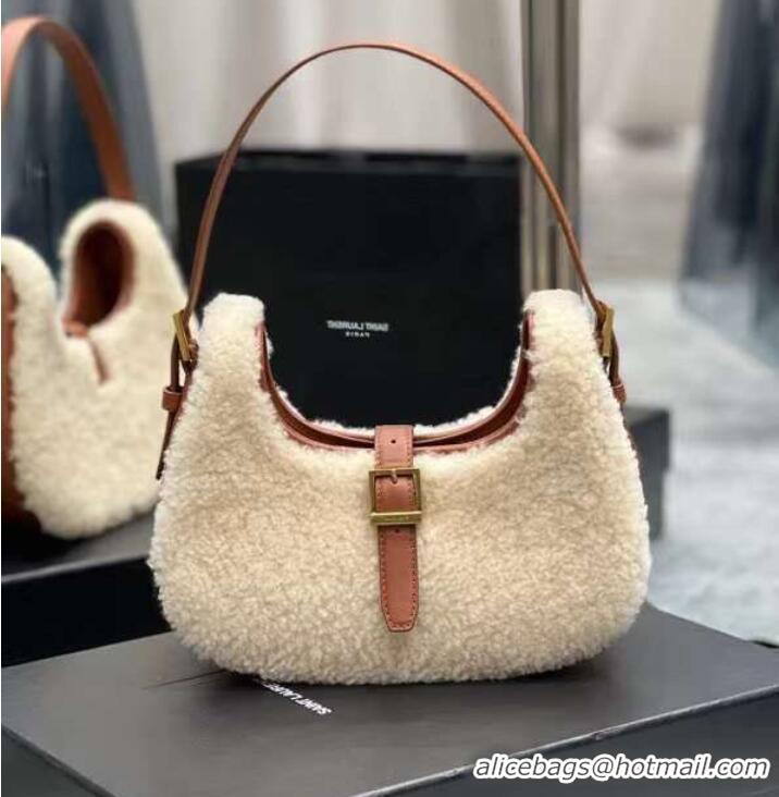 Good Product Yves Saint Laurent LE FERMOIR HOBO BAG IN MERINO SHEARLING 6726152 NATURAL BEIGE & BRICK