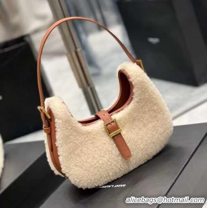 Good Product Yves Saint Laurent LE FERMOIR HOBO BAG IN MERINO SHEARLING 6726152 NATURAL BEIGE & BRICK