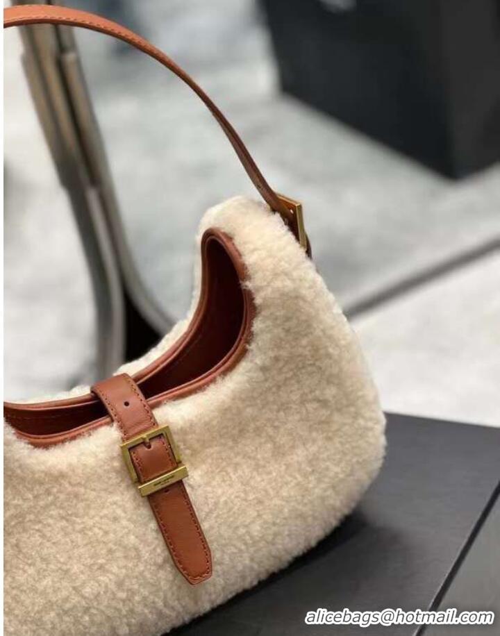 Good Product Yves Saint Laurent LE FERMOIR HOBO BAG IN MERINO SHEARLING 6726152 NATURAL BEIGE & BRICK