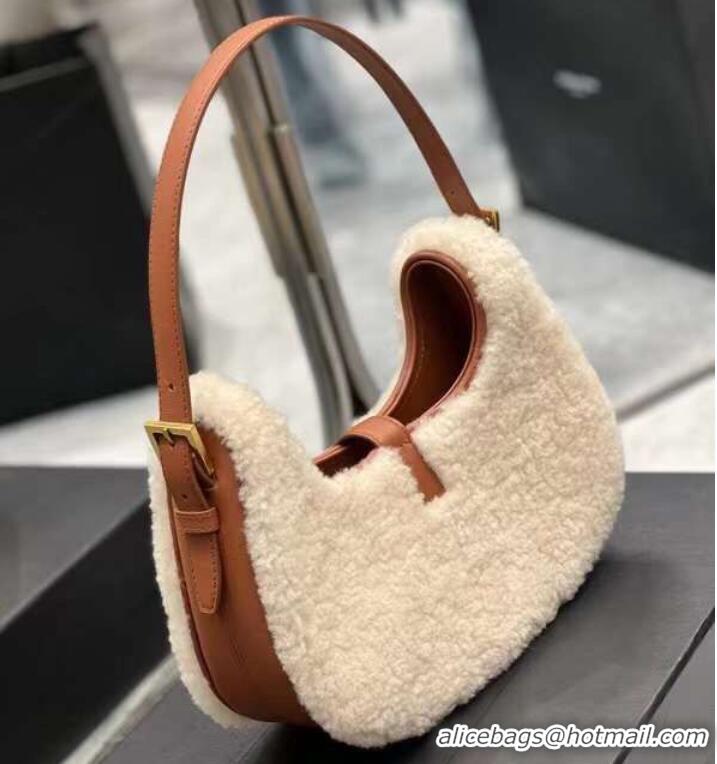 Good Product Yves Saint Laurent LE FERMOIR HOBO BAG IN MERINO SHEARLING 6726152 NATURAL BEIGE & BRICK