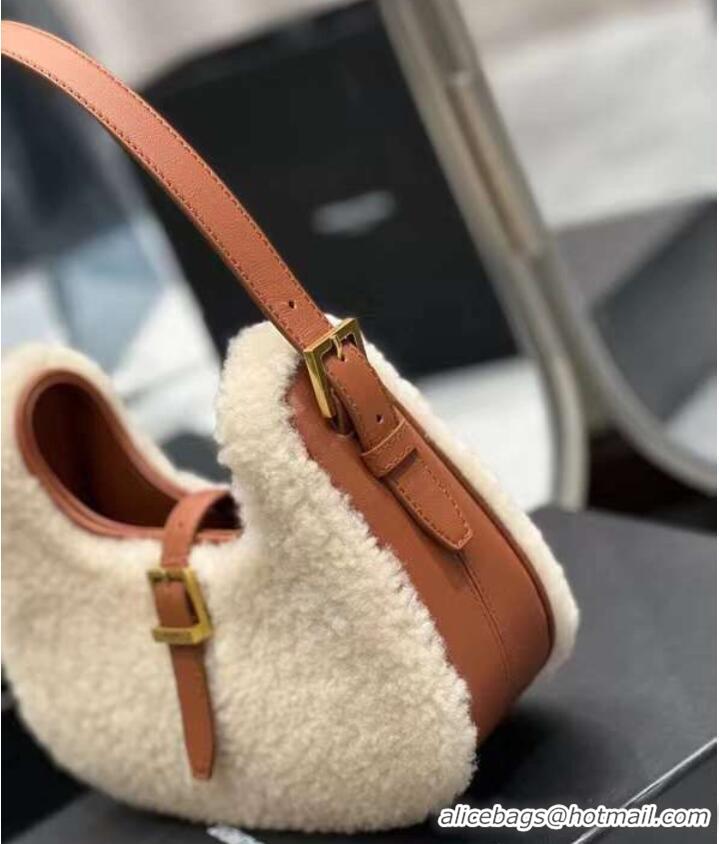 Good Product Yves Saint Laurent LE FERMOIR HOBO BAG IN MERINO SHEARLING 6726152 NATURAL BEIGE & BRICK