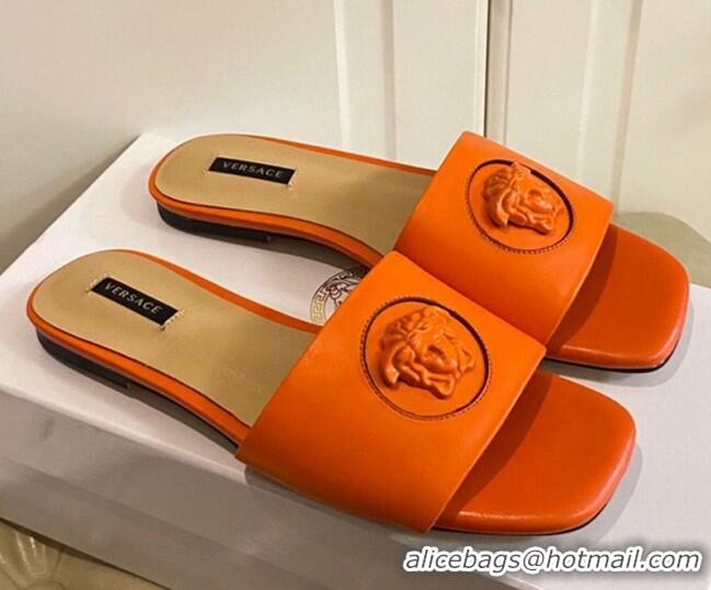 Low Cost Versace Logo Flat Slide Sandals Orange 033085