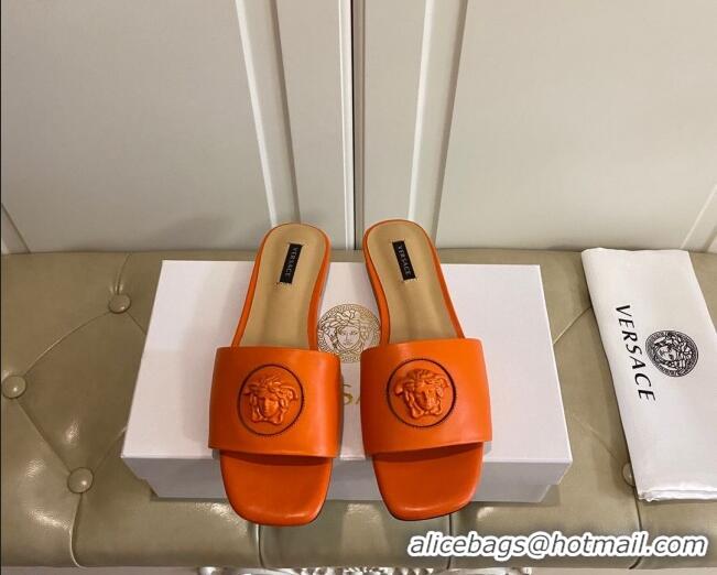 Low Cost Versace Logo Flat Slide Sandals Orange 033085