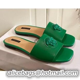 Good Quality Versace Logo Flat Slide Sandals 033085 Green