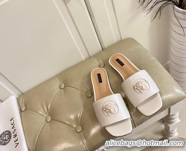 Perfect Versace Logo Flat Slide Sandals 033085 White