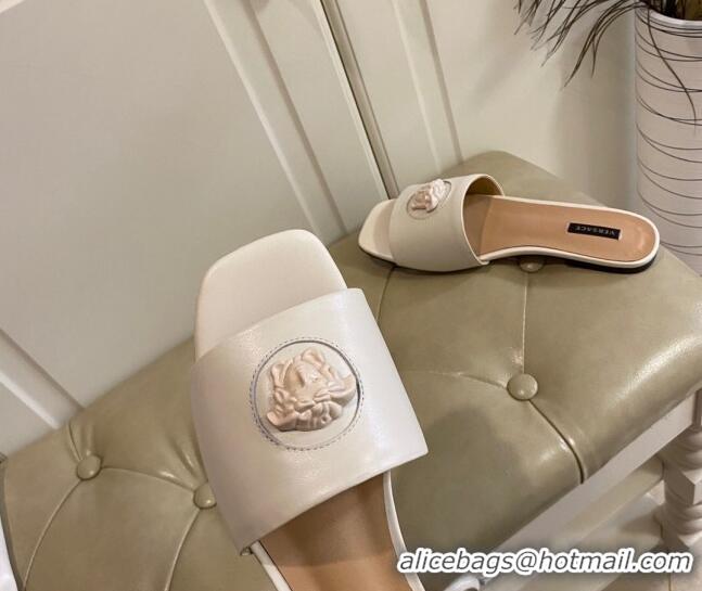 Perfect Versace Logo Flat Slide Sandals 033085 White