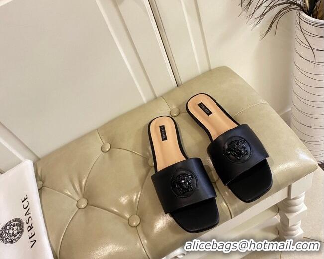  Most Popular Versace Logo Flat Slide Sandals 033085 Black