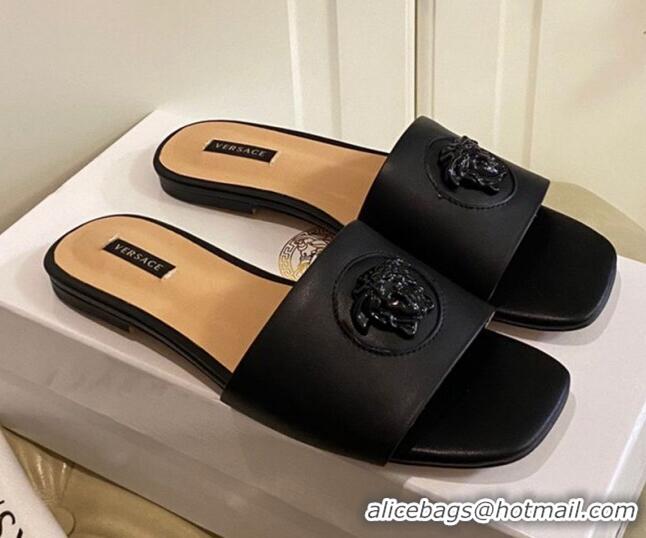  Most Popular Versace Logo Flat Slide Sandals 033085 Black