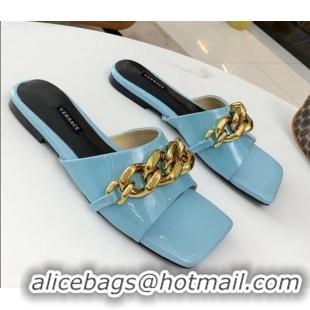 Low Cost Versace Shiny Leather Chain Flat Slide Sandals 042995 Blue