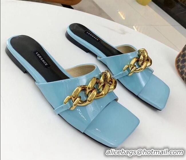 Low Cost Versace Shiny Leather Chain Flat Slide Sandals 042995 Blue