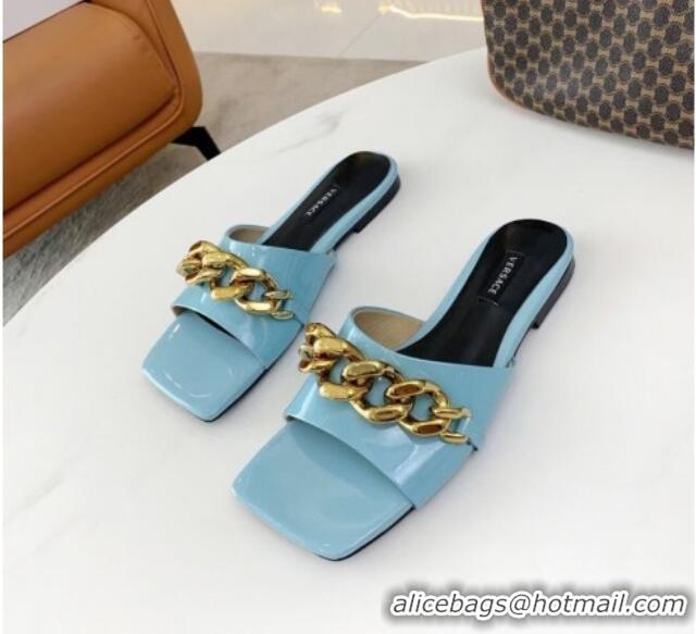 Low Cost Versace Shiny Leather Chain Flat Slide Sandals 042995 Blue