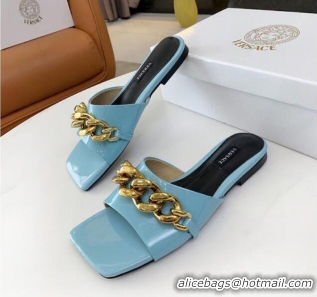 Low Cost Versace Shiny Leather Chain Flat Slide Sandals 042995 Blue