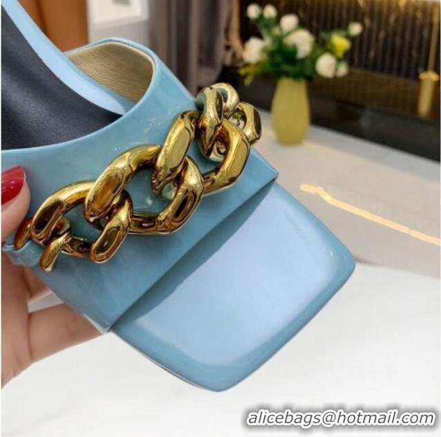 Low Cost Versace Shiny Leather Chain Flat Slide Sandals 042995 Blue