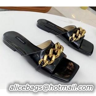 Affordable Price Versace Shiny Leather Chain Flat Slide Sandals 042995 Black