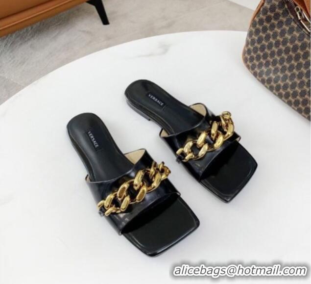 Affordable Price Versace Shiny Leather Chain Flat Slide Sandals 042995 Black