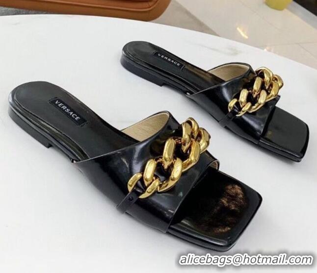 Affordable Price Versace Shiny Leather Chain Flat Slide Sandals 042995 Black