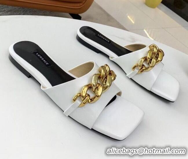 Good Quality Versace Shiny Leather Chain Flat Slide Sandals 042995 White