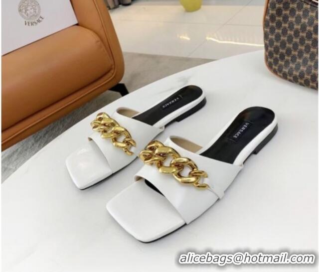 Good Quality Versace Shiny Leather Chain Flat Slide Sandals 042995 White