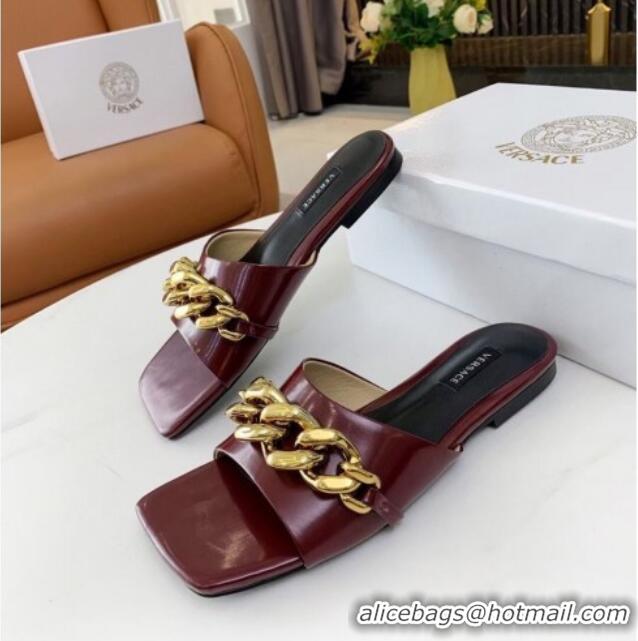 Best Price Versace Shiny Leather Chain Flat Slide Sandals 042998 Burgundy