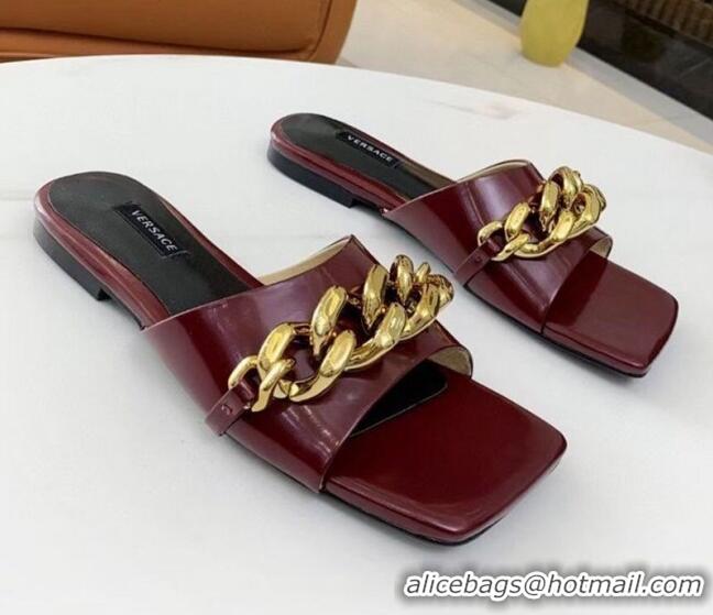 Best Price Versace Shiny Leather Chain Flat Slide Sandals 042998 Burgundy