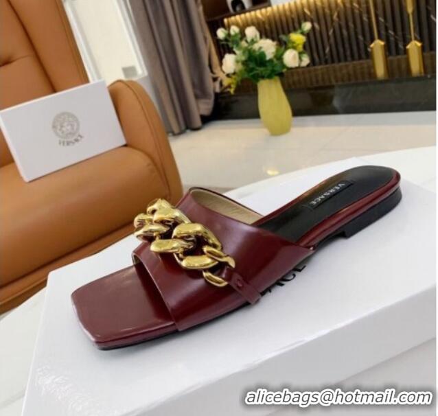 Best Price Versace Shiny Leather Chain Flat Slide Sandals 042998 Burgundy