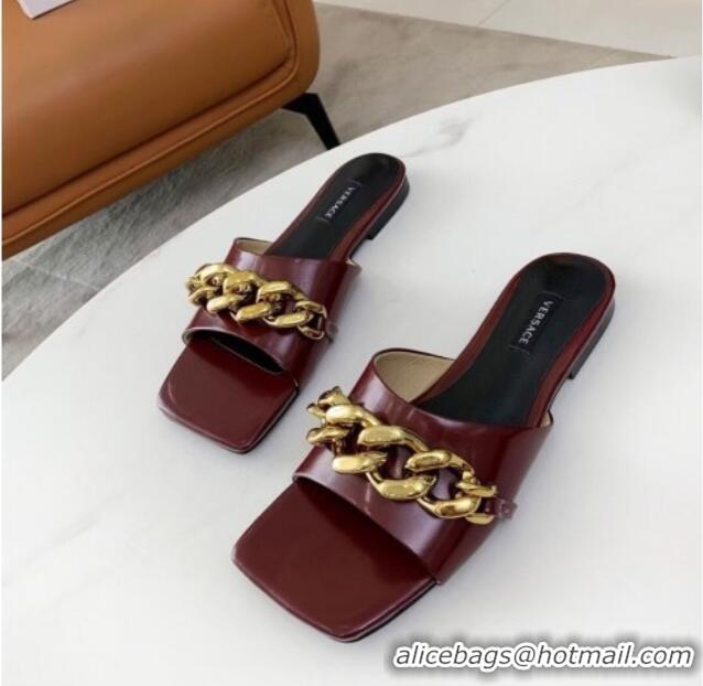 Best Price Versace Shiny Leather Chain Flat Slide Sandals 042998 Burgundy