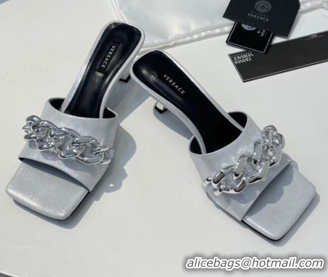 New DesignVersace Calfskin Chain Slide Sandals 6.5cm Silver 071236