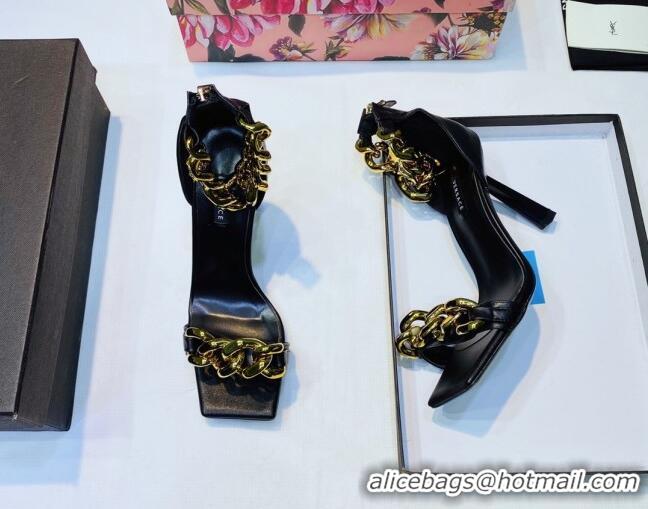 Unique Grade Versace Medusa Chain Nappa Leather Sandals 9.5cm Heel 806051 Black