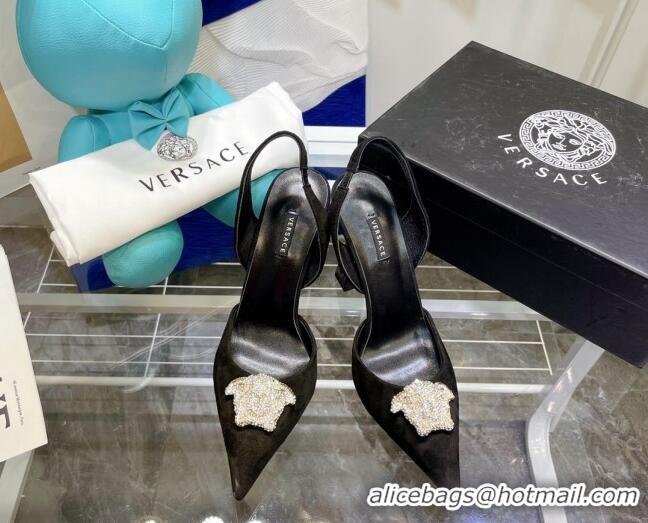 Low Price Versace La Medusa Crystal Suede Slingback Pumps 9.5cm Black 806057