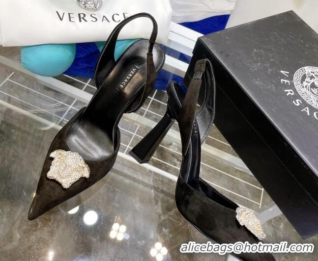 Low Price Versace La Medusa Crystal Suede Slingback Pumps 9.5cm Black 806057