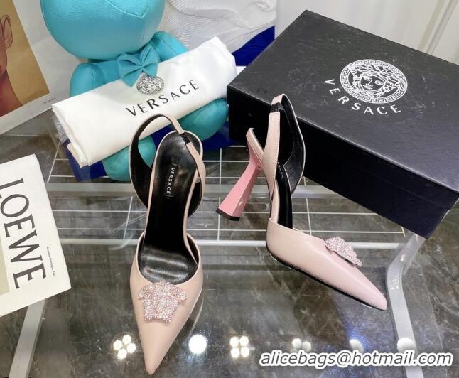 Elegant Versace La Medusa Crystal Suede Slingback Pumps 9.5cm 806057 Light Pink