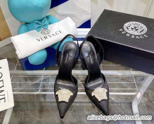 Discount Design Versace La Medusa Crystal Silk Slingback Pumps 9.5cm 806057 Black