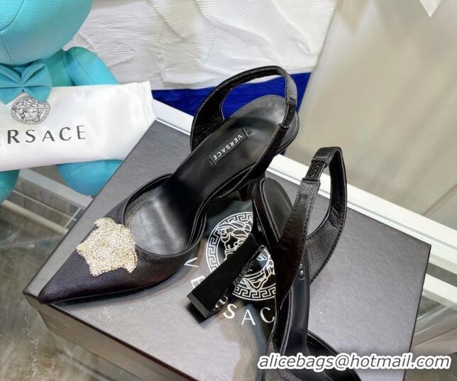 Discount Design Versace La Medusa Crystal Silk Slingback Pumps 9.5cm 806057 Black