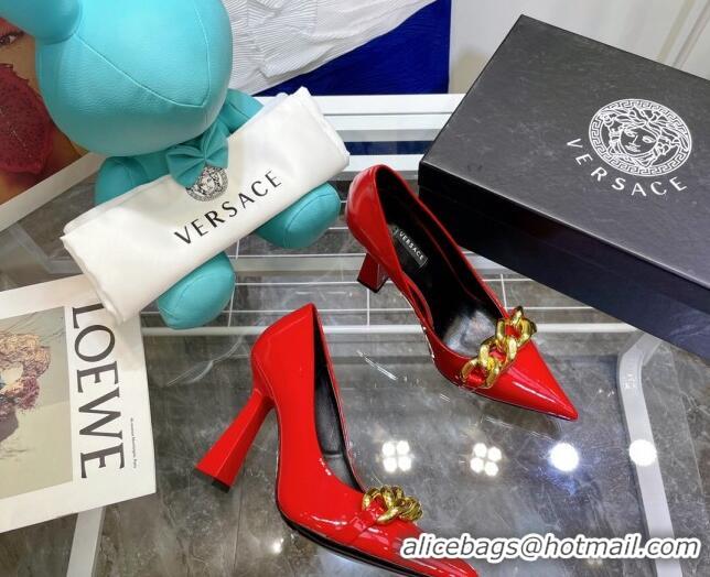 Discount Versace Medusa Chain Calfskin Mules 9.5cm 081159 Red