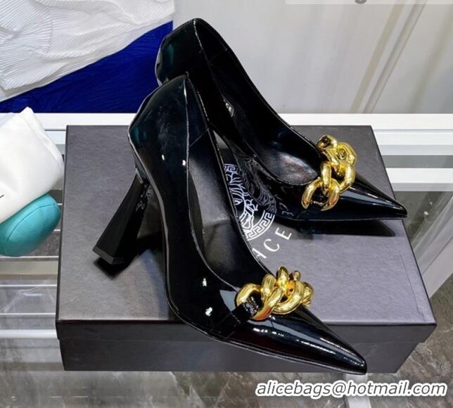 Good Product Versace Medusa Chain Patent Leather Pumps 9.5cm 9.5cm 081162 Black